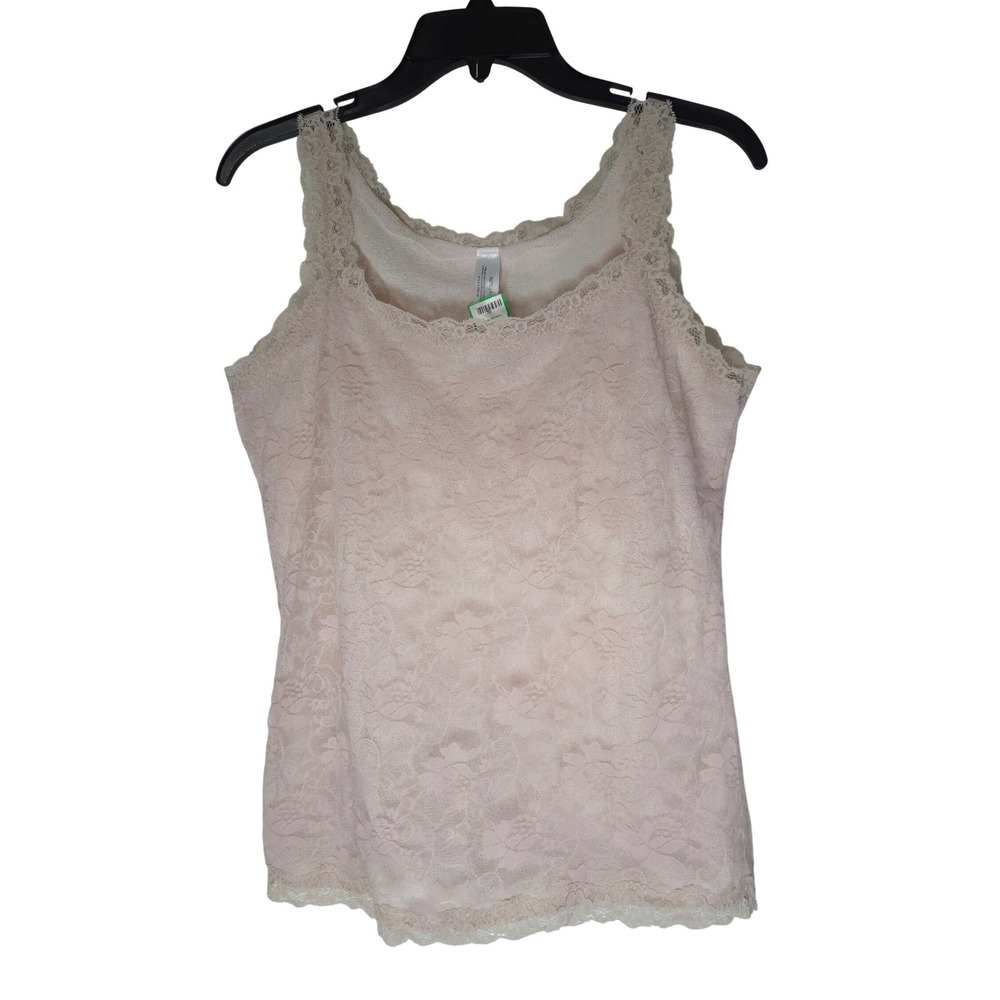 Women Floral Lace Overlay Camisole Tank Top Beige Scoop Neck Large Y2K Romantic